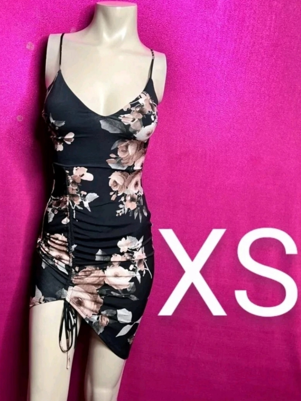 🆕Black Mauve Rose Side Ruched Mini Dress  Size XS